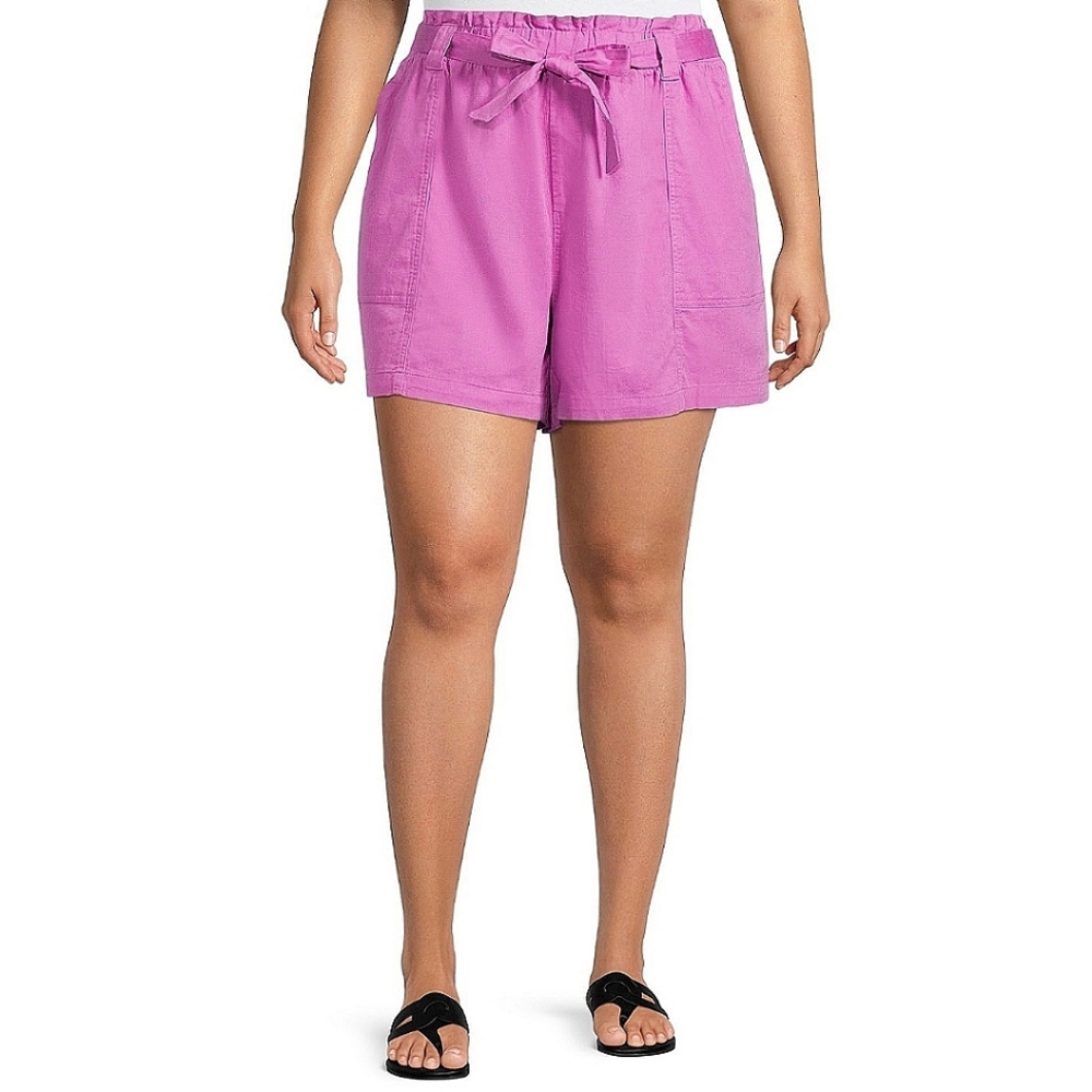 Terra & Sky Pull On Paperbag Waist Linen Blend Belted Shorts - Loose Fit